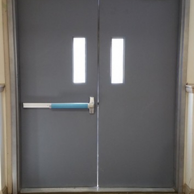 Fire Rated Doors with Two (2) Vision Lites and Panic Bar.