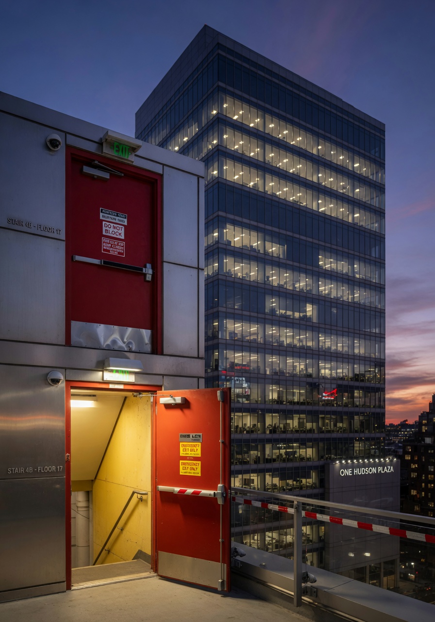 Ultra-realistic 8K photo of a modern NYC high-rise commercial building exterior at dusk with illuminated windows, showing multiple fire exit doors with visible self-closing mechanisms, professional architectural photography, sharp detail, cinematic lighting
