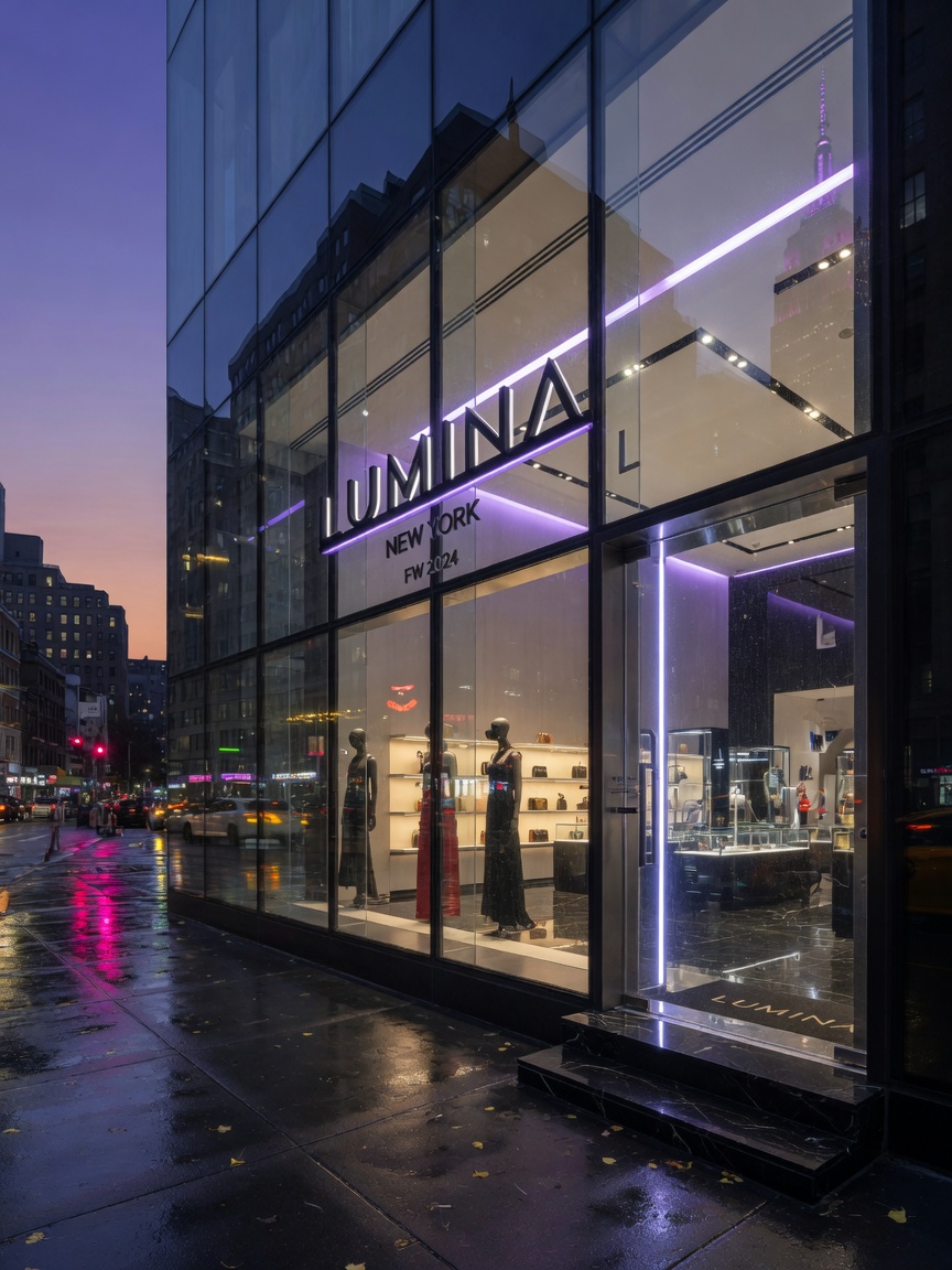 Ultra-realistic 8K photograph of a sleek modern all-glass storefront in Manhattan at twilight with slim black aluminum frames, dramatic interior lighting visible through clear glass, high-end retail branding, wet reflective sidewalk, cinematic lighting, architectural photography