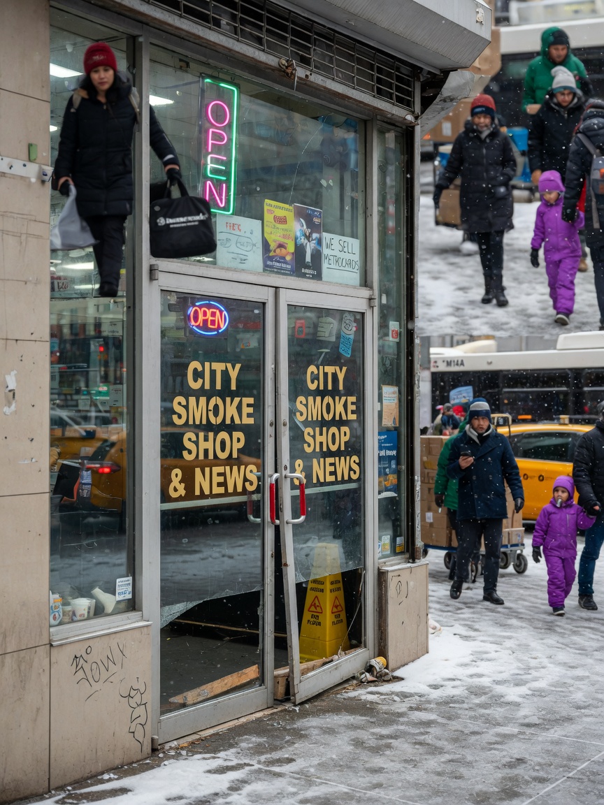 Ultra-realistic 8K photograph of a busy Manhattan storefront with improperly installed commercial glass doors showing visible gaps at the bottom, pedestrians walking by in winter, New York City street scene, detailed textures, professional photography