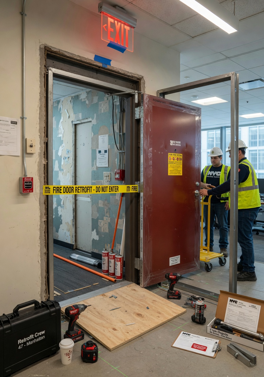 Professional 8K photograph of a complete commercial fire door retrofit project in progress, old door removed, new fire-rated assembly being installed in NYC office building