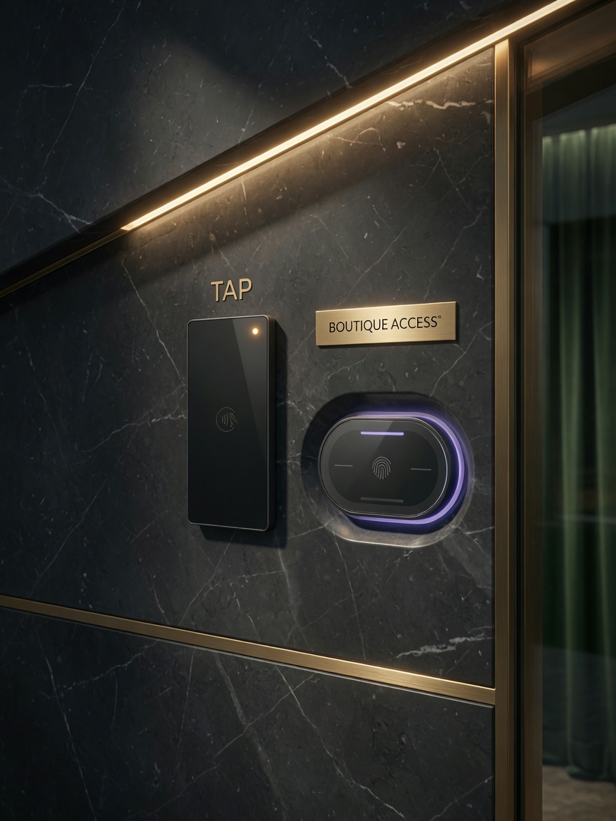 Integrated access control system with flush-mounted card reader and biometric scanner on elegant commercial entrance, minimal visible technology, luxury retail aesthetic, close-up detail shot
