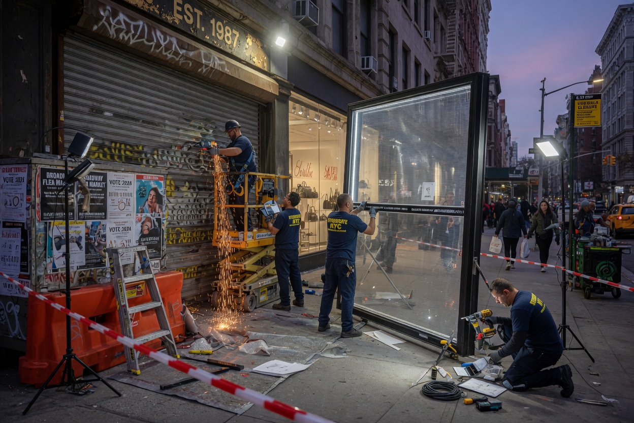 Ultra-realistic 8K photograph of professional installation team replacing old solid metal gate with new transparent security system on Manhattan storefront, action shot