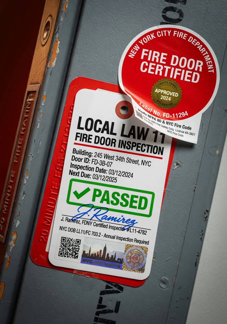 Ultra-realistic 8K image of Local Law 11 fire door inspection tag and certification sticker properly displayed on commercial door frame, macro detail shot