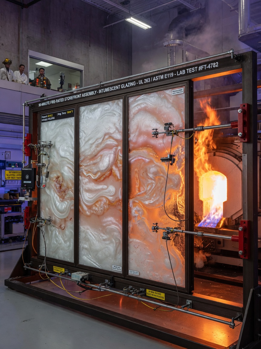 90-minute fire-rated storefront assembly with intumescent glazing in laboratory testing facility, fire exposure visible, technical and scientific photography style