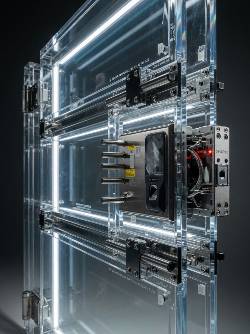 Ultra-realistic 8K close-up of high-security transparent polycarbonate gate with reinforced locking mechanisms, technical product detail, studio lighting