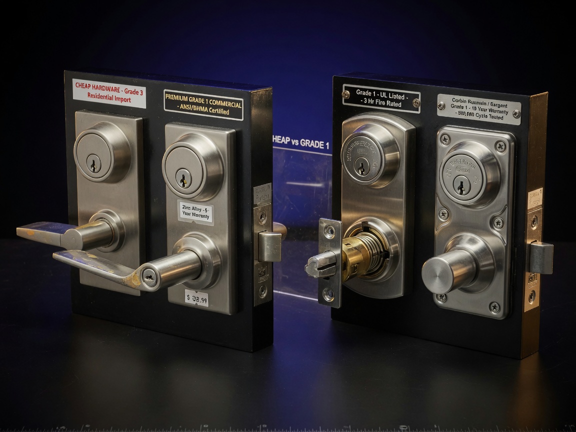 Ultra-realistic 8K photo showing the difference between cheap hardware vs premium Grade 1 commercial door hardware side by side, professional product photography style