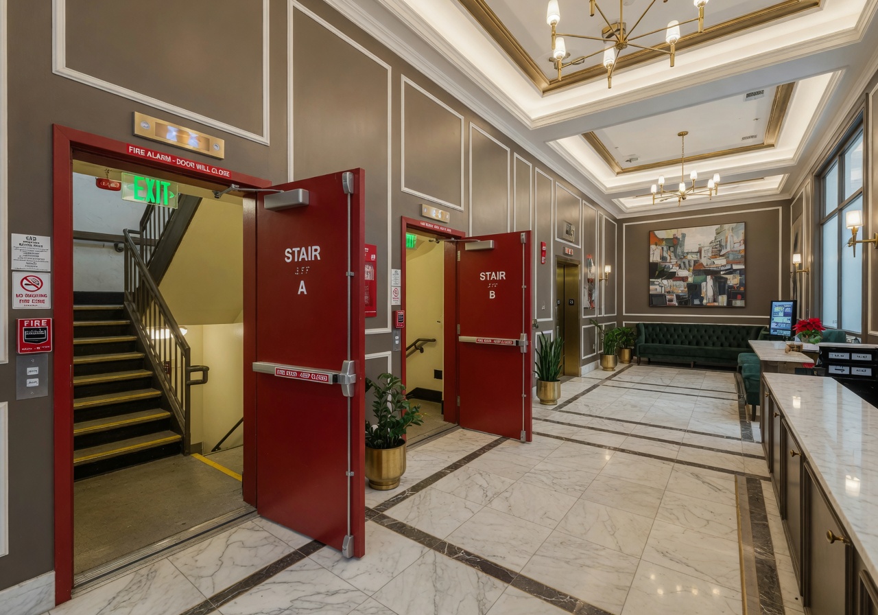 Wide-angle 8K architectural photo of a multi-family NYC residential building lobby with multiple compliant self-closing fire doors leading to stairwells, elegant interior design