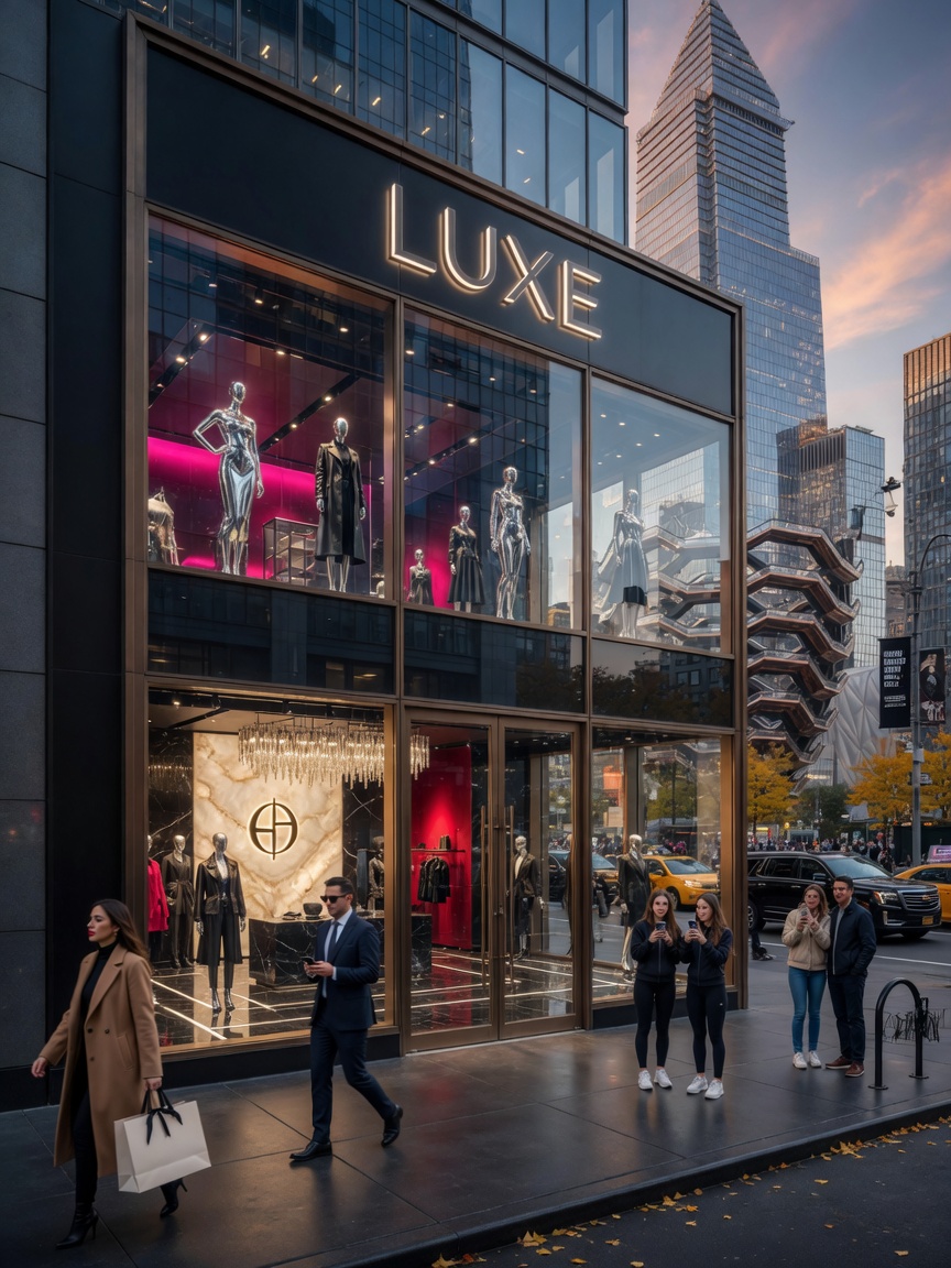 Luxury flagship store in Hudson Yards with floor-to-ceiling modern storefront, dramatic interior displays, pedestrians walking by, vibrant NYC street scene, lifestyle photography