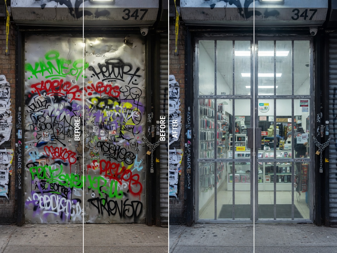 Ultra-realistic 8K image of graffiti-covered solid metal storefront gate versus clean transparent gate allowing visibility, powerful before-and-after comparison