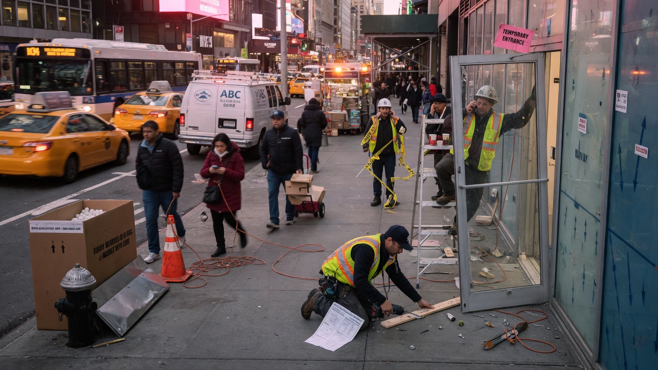 8K cinematic image of a rushed installation crew making mistakes while installing commercial doors on a busy NYC street with traffic and pedestrians in background