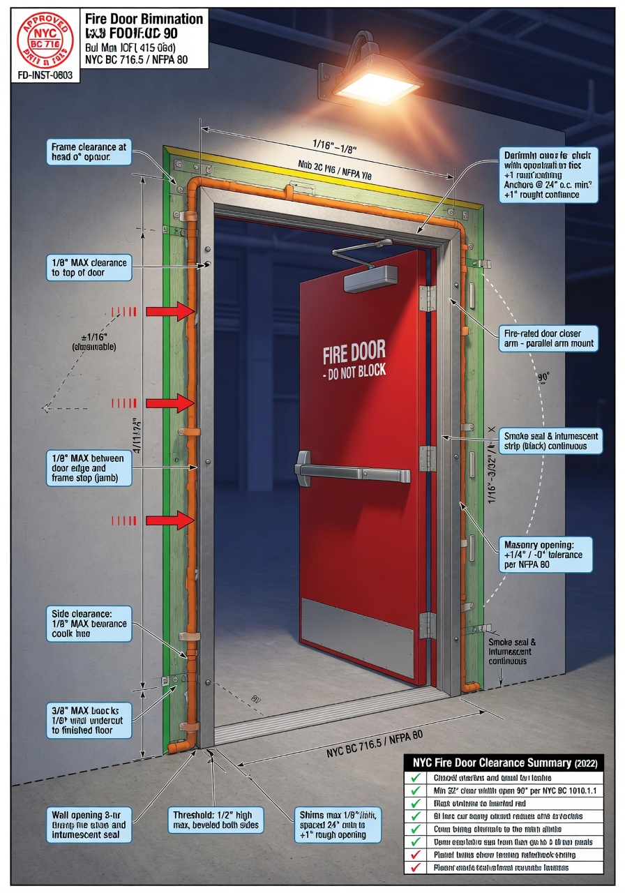 Technical 8K illustration-style realistic image showing proper clearances and tolerances for fire door installation per NYC building code, annotated measurements