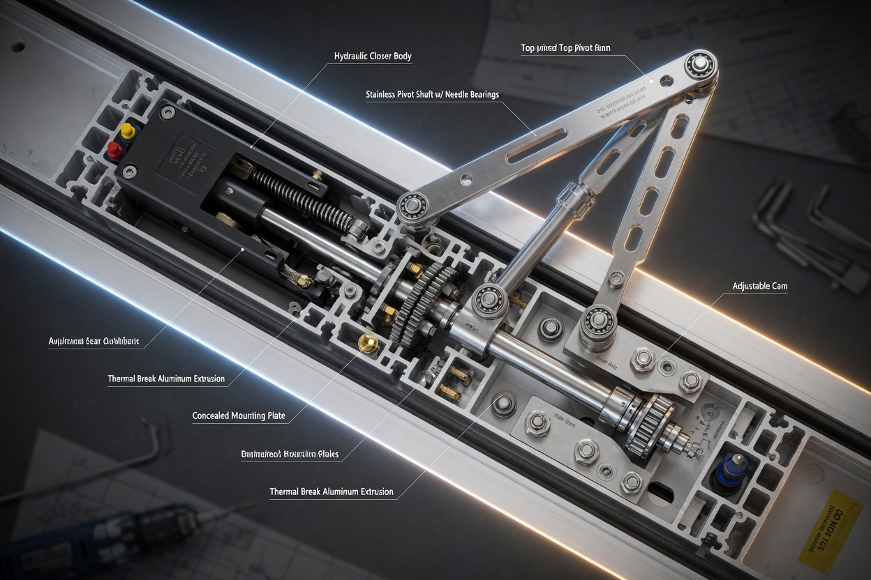 Overhead concealed closer and custom stainless steel pivot system installed in aluminum frame, cutaway view showing internal engineering, technical illustration merged with realistic photography