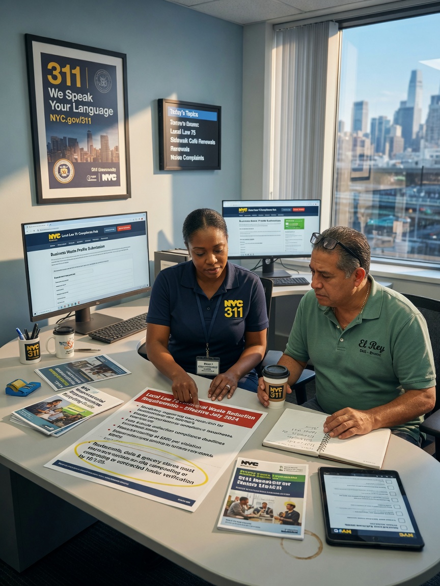 Ultra-realistic 8K photograph of NYC 311 customer service representative helping business owner understand Local Law 75 compliance requirements, modern office setting