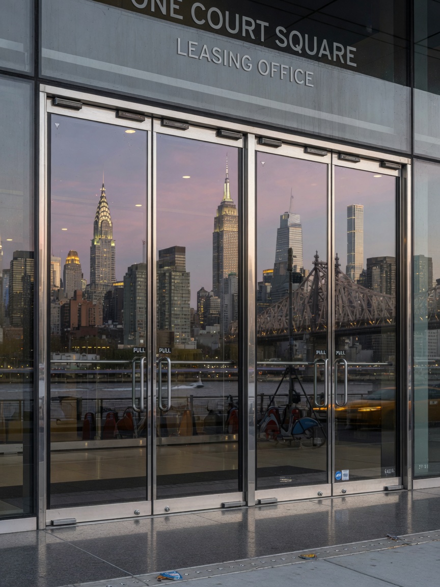 Professional 8K ultra-realistic photograph of a perfectly aligned set of commercial glass doors on a modern building in Long Island City with beautiful reflections of the NYC skyline