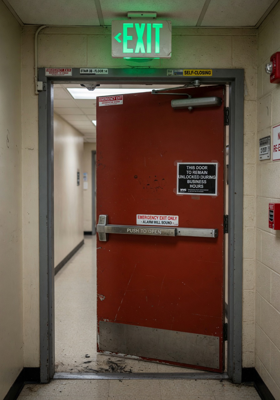 Ultra-realistic 8K photo of emergency exit door with panic hardware and self-closing mechanism in a NYC commercial office building, green exit sign above, safety focused