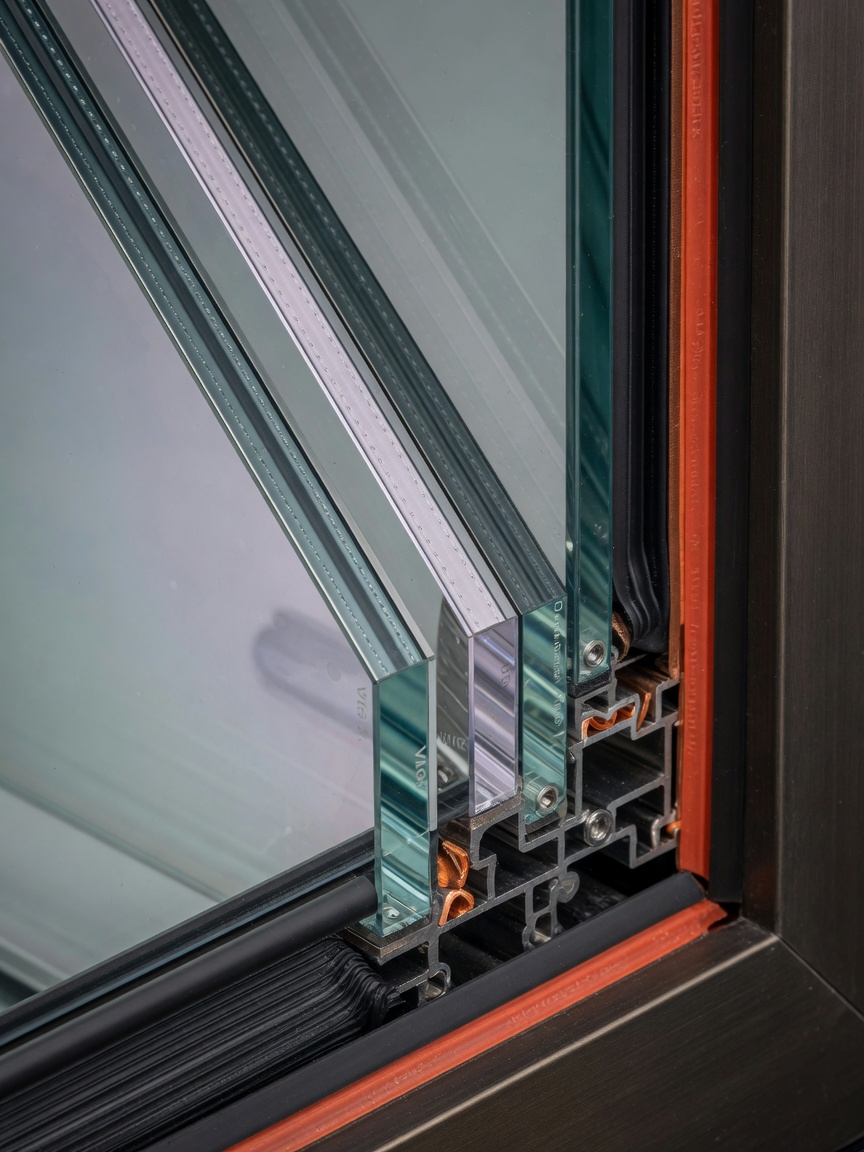 Triple-glazed vacuum insulated glass (VIG) storefront system cross-section detail showing thermal break technology and warm edge spacers, highly detailed macro photography