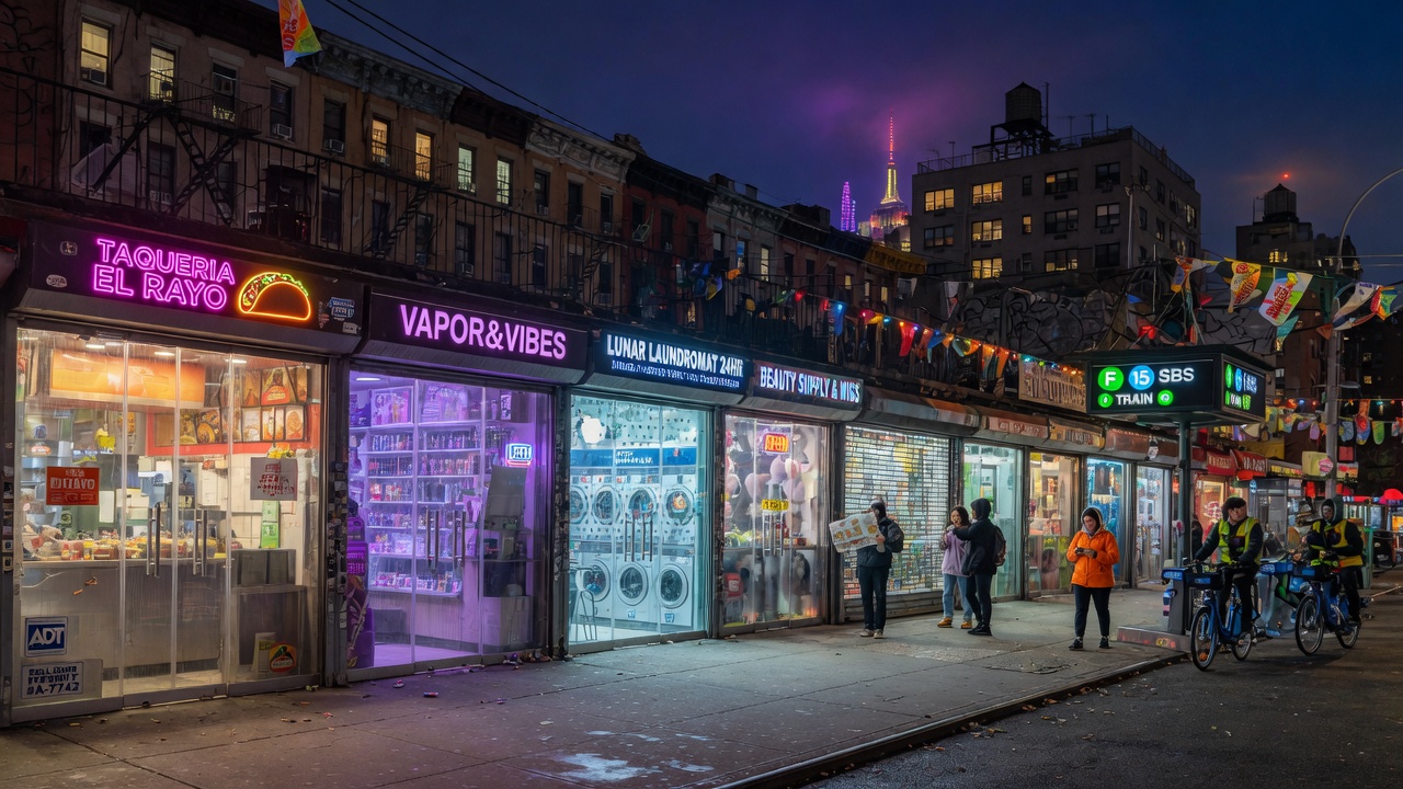 Ultra-realistic 8K wide shot of vibrant NYC neighborhood street at night with all storefronts featuring modern transparent security gates, beautiful urban nightscape