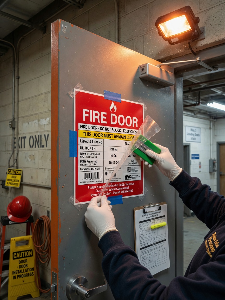 Detailed 8K image of a fire door label being carefully preserved during professional installation in a Staten Island commercial building, focus on compliance elements