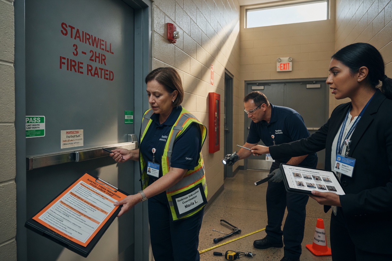 Professional 8K image of facility management team conducting monthly fire door inspection checklist in commercial building, collaborative professional atmosphere
