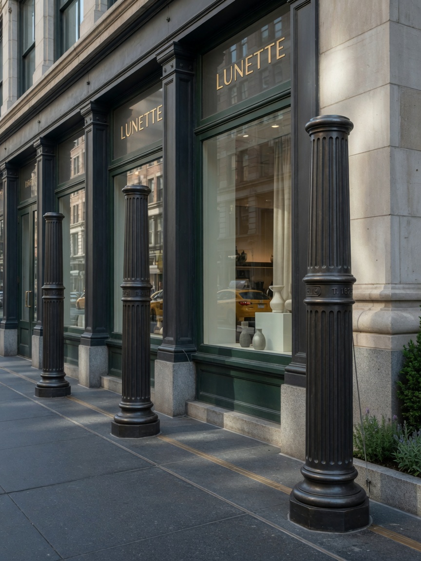 Anti-ram security bollards designed as elegant architectural elements integrated with storefront design in Tribeca boutique, subtle but strong protection, architectural detail shot