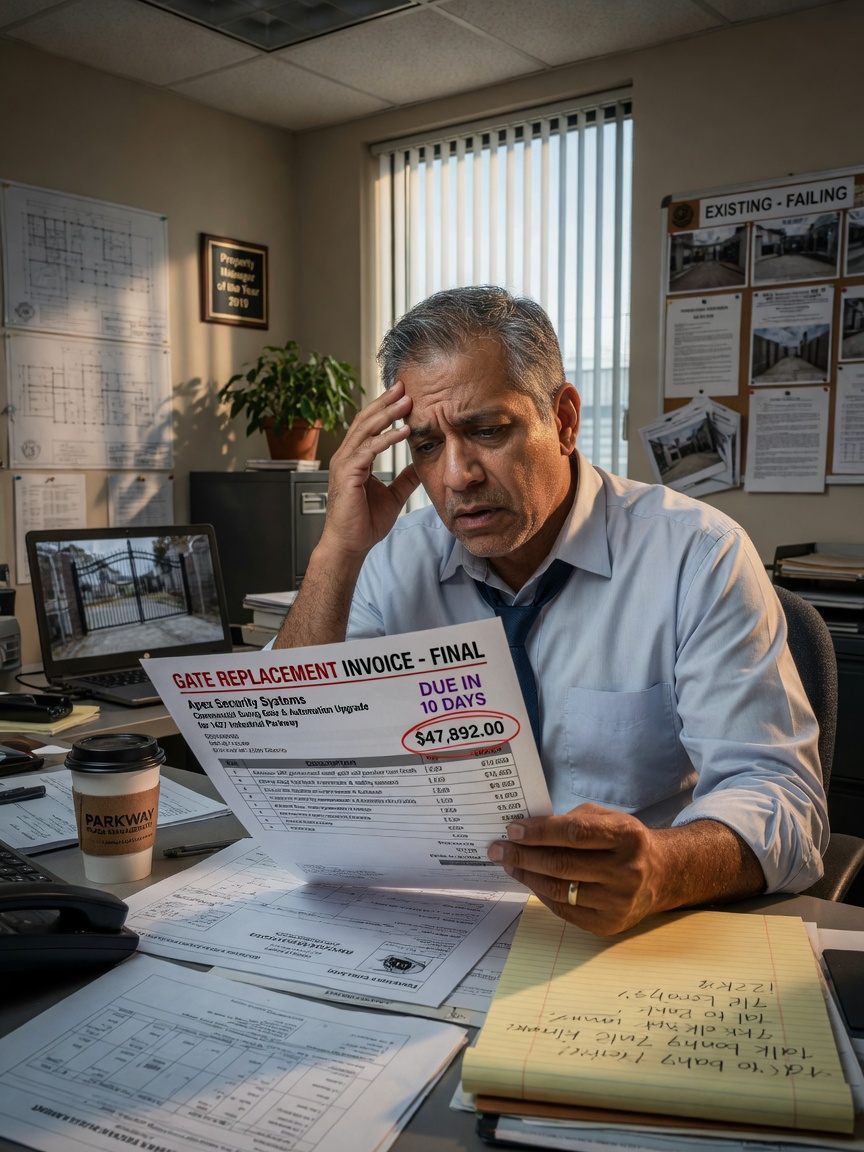Ultra-realistic 8K image of commercial building owner reviewing expensive gate replacement invoice with concerned expression, realistic office environment