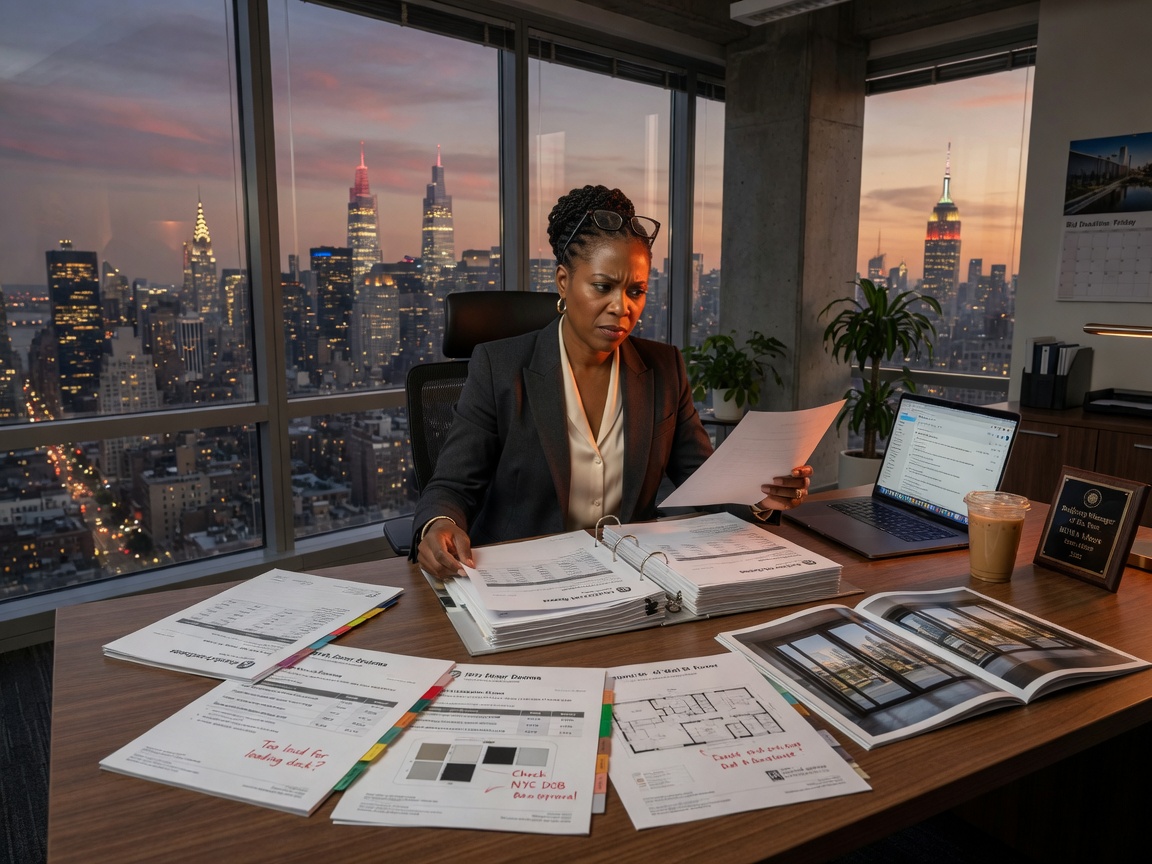 8K realistic photo of a building manager reviewing multiple commercial door quotes at a desk overlooking the New York City skyline, documents spread across table