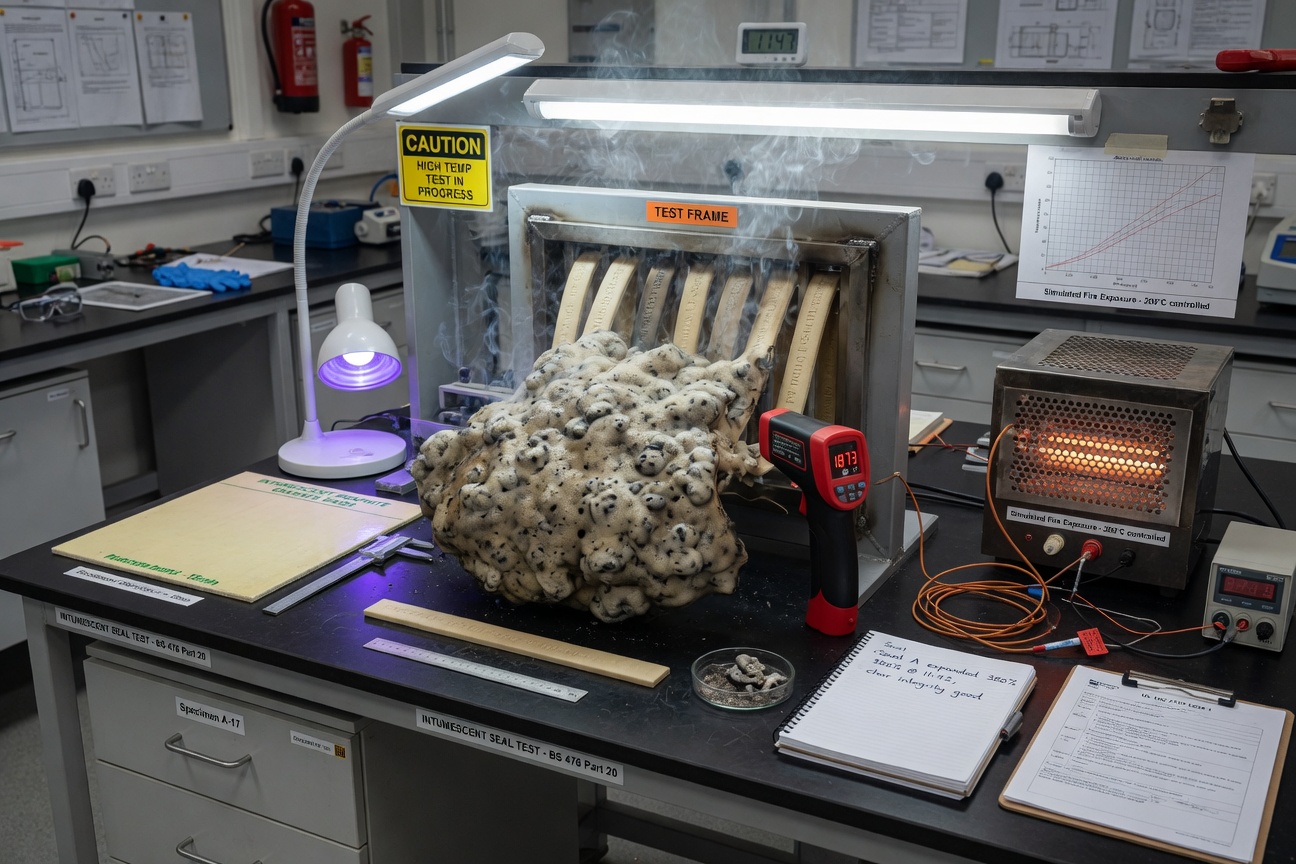 Ultra-realistic 8K photograph of intumescent fire seals expanding under heat simulation, technical demonstration, laboratory-style setting with precise detail
