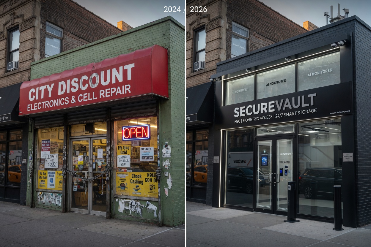 Before and after comparison of outdated storefront versus 2026 modern security-focused installation on the same NYC building, split image professional photography