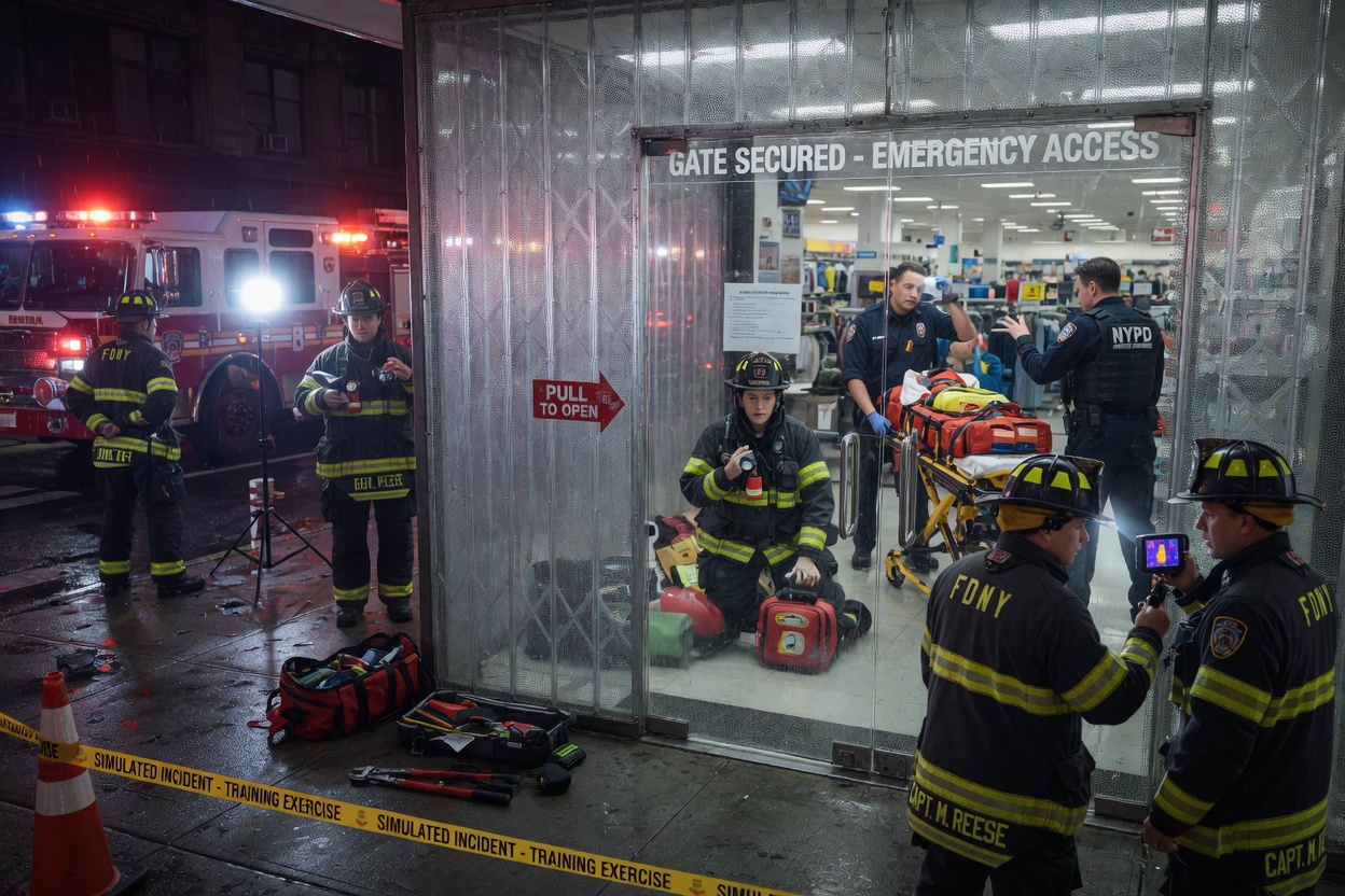 Ultra-realistic 8K photograph of first responders easily seeing through transparent storefront gate during simulated emergency response, dynamic action scene