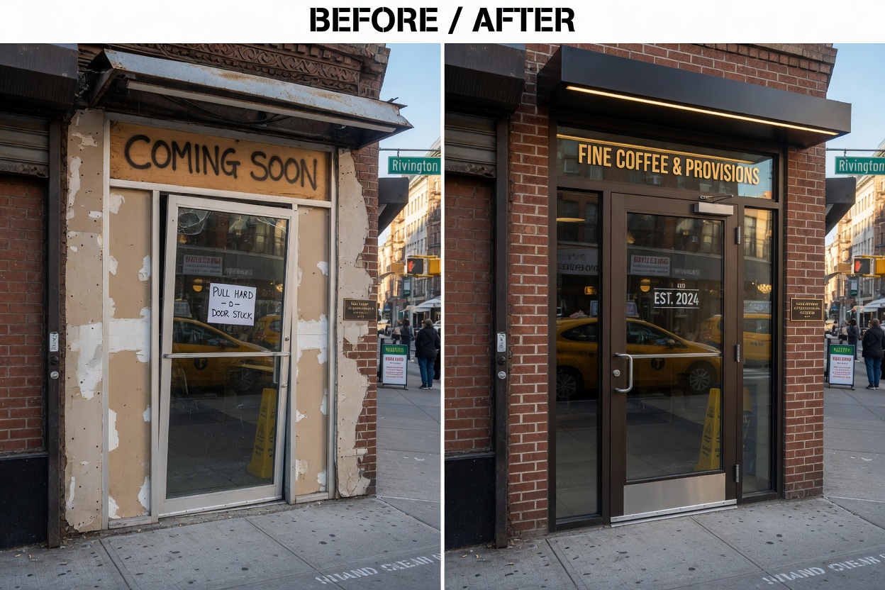 Ultra-realistic 8K before-and-after split image showing terrible commercial door installation on left and professional correction on right, same NYC location