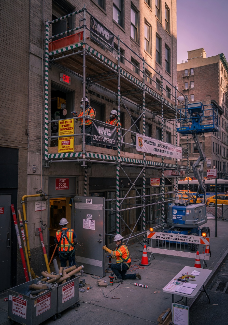 Cinematic 8K image of NYC commercial building during fire safety compliance upgrade, scaffolding, new doors being installed, construction activity with safety focus