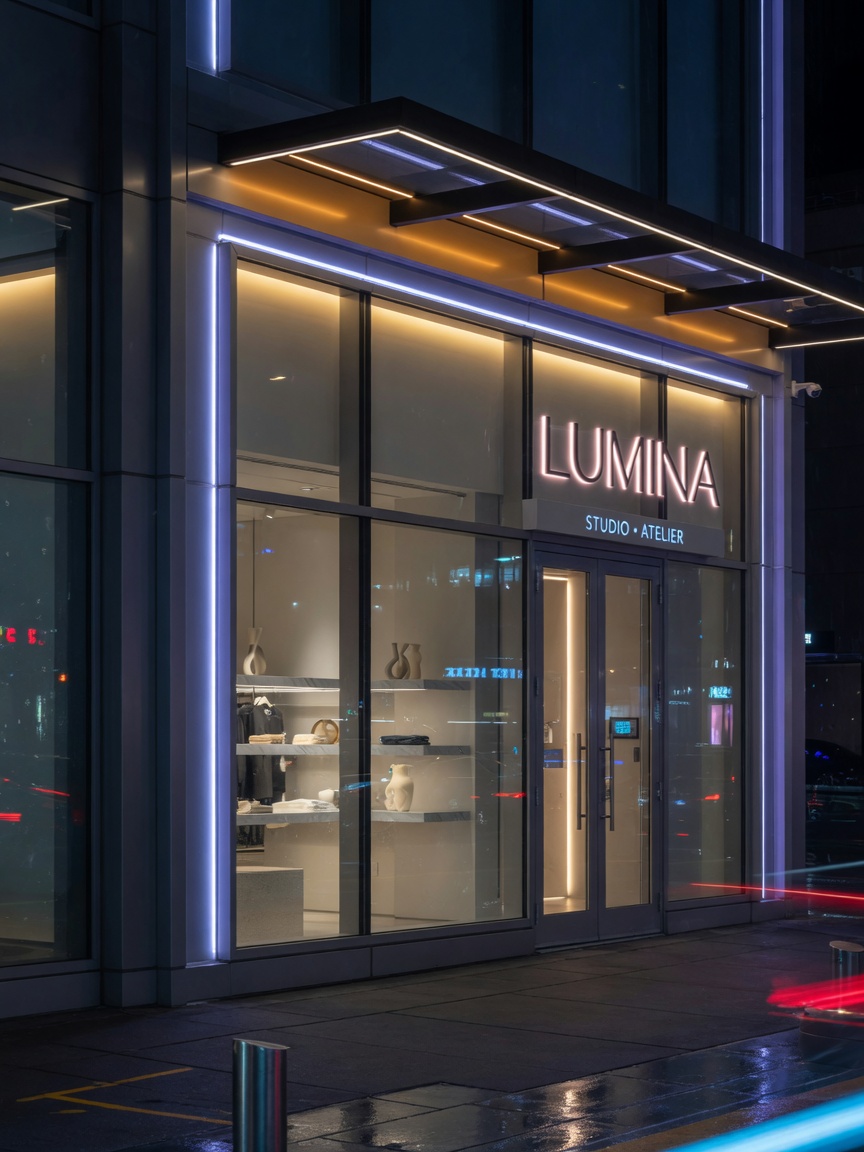 Nighttime view of illuminated modern storefront with integrated LED lighting within aluminum frame system, beautiful color temperature, high contrast architectural night photography