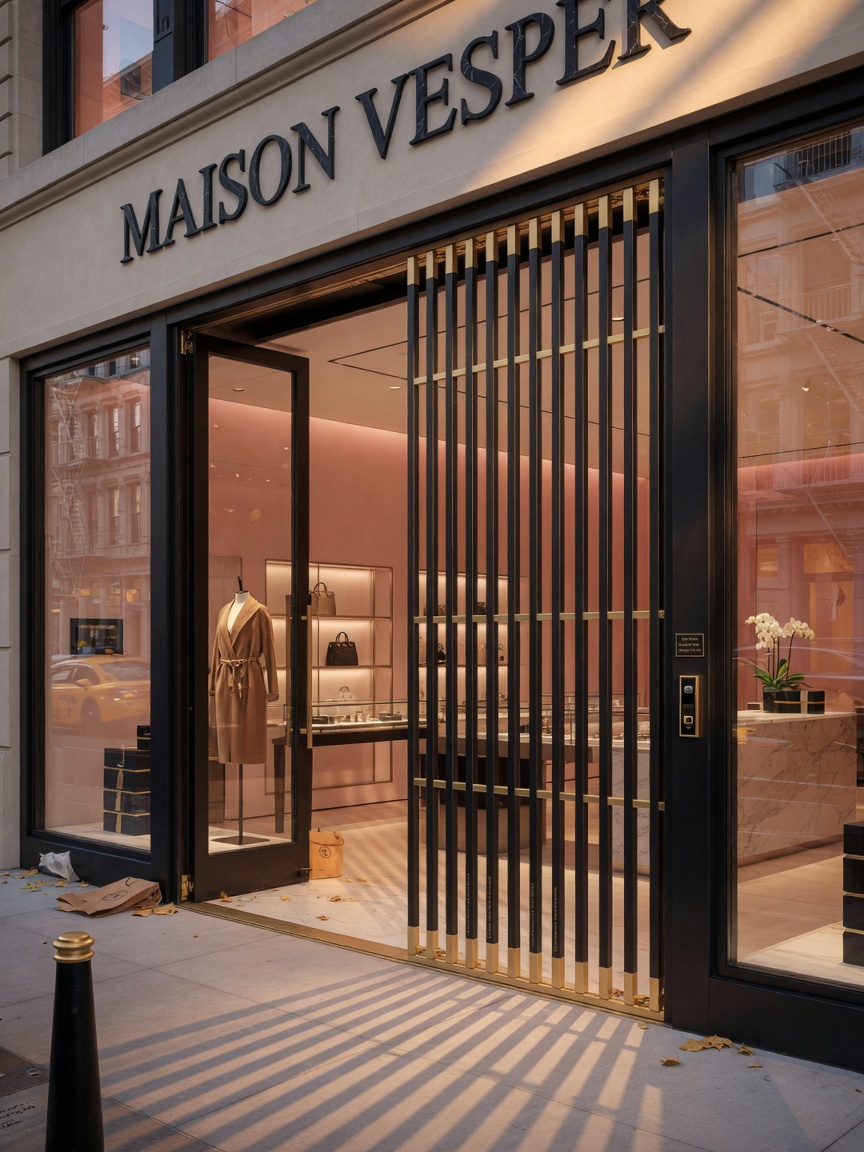 Ultra-realistic 8K image of sleek open-bar security gate design on high-end SoHo boutique, luxury retail aesthetic, golden hour lighting