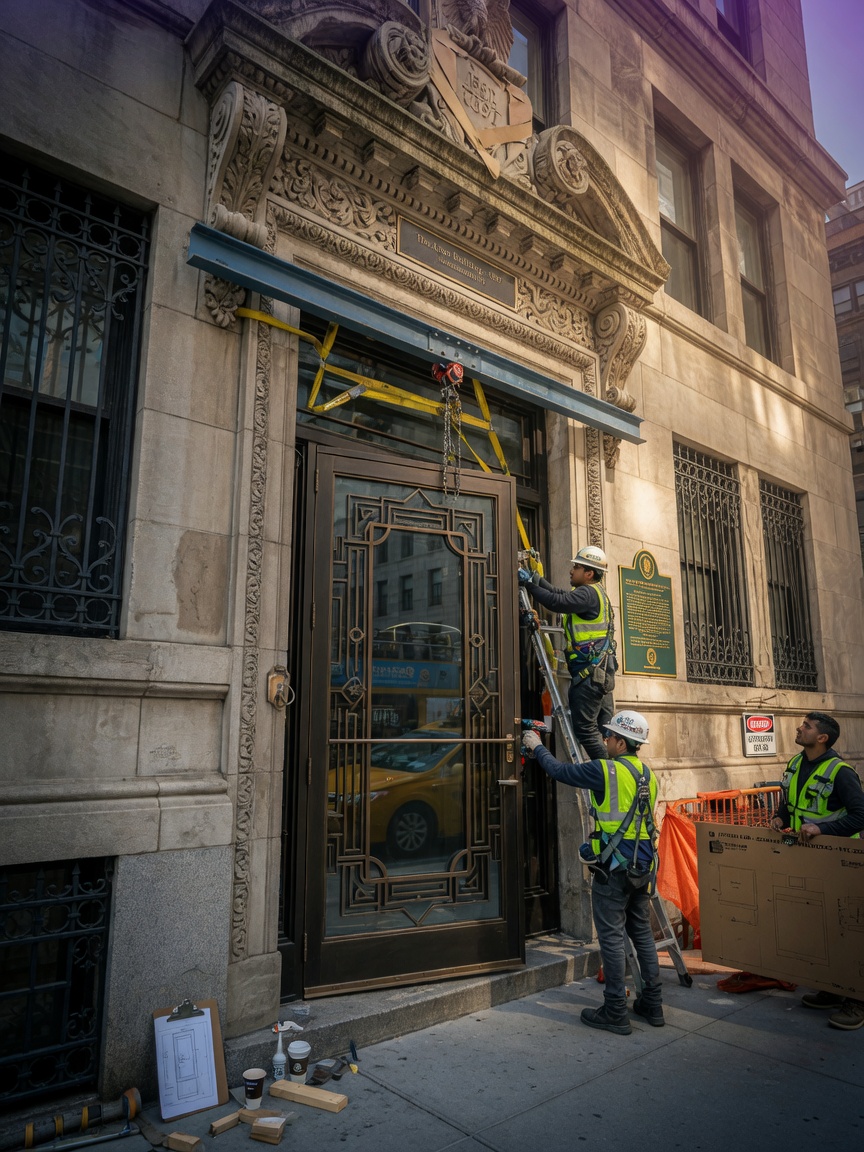 Hyper-realistic 8K photograph of a custom fabricated commercial door being installed in a historic Manhattan building with architectural details and landmark features visible
