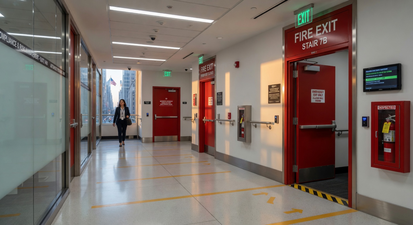Inspirational ultra-realistic 8K wide shot of secure and compliant modern NYC commercial building interior with multiple fire doors, bright lighting, sense of safety and professionalism