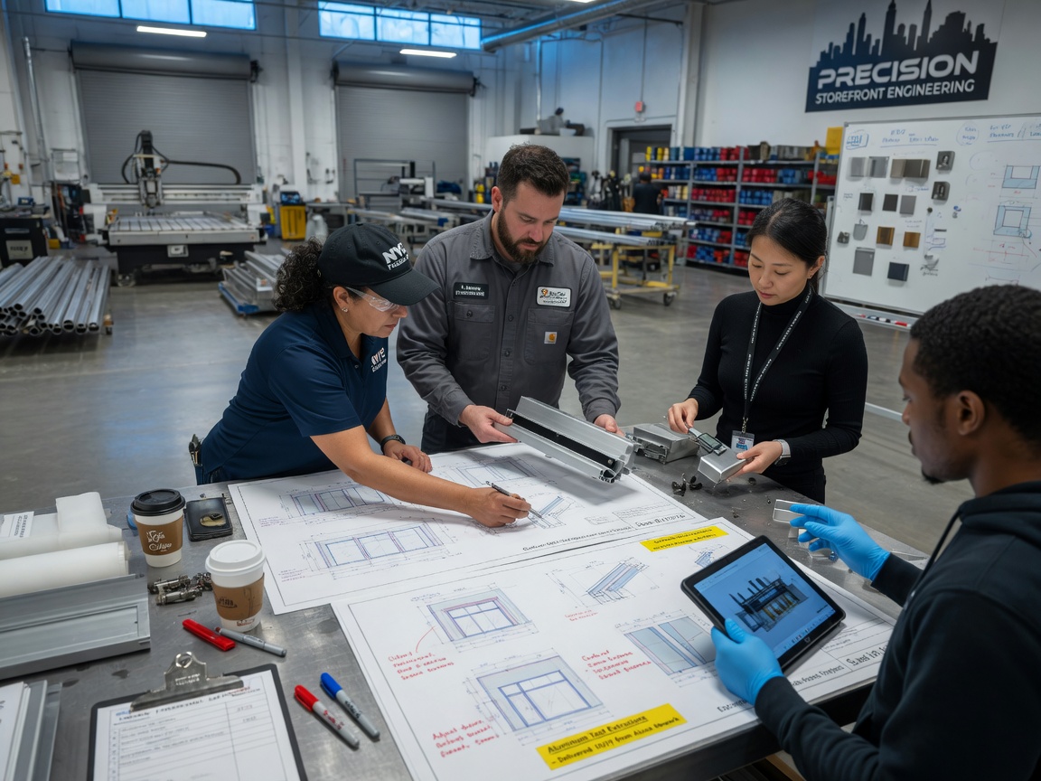Team of specialized NYC storefront engineers and fabricators reviewing custom CAD drawings and physical aluminum samples in modern fabrication facility, professional workplace photography