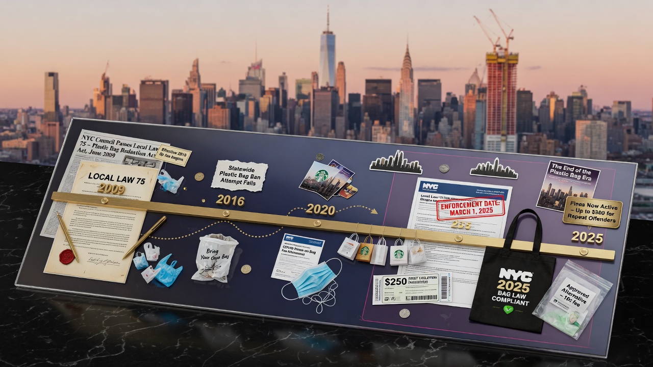 Ultra-realistic 8K conceptual image showing timeline from 2009 when Local Law 75 was passed to 2025 enforcement date with NYC skyline background, infographic style with realistic elements