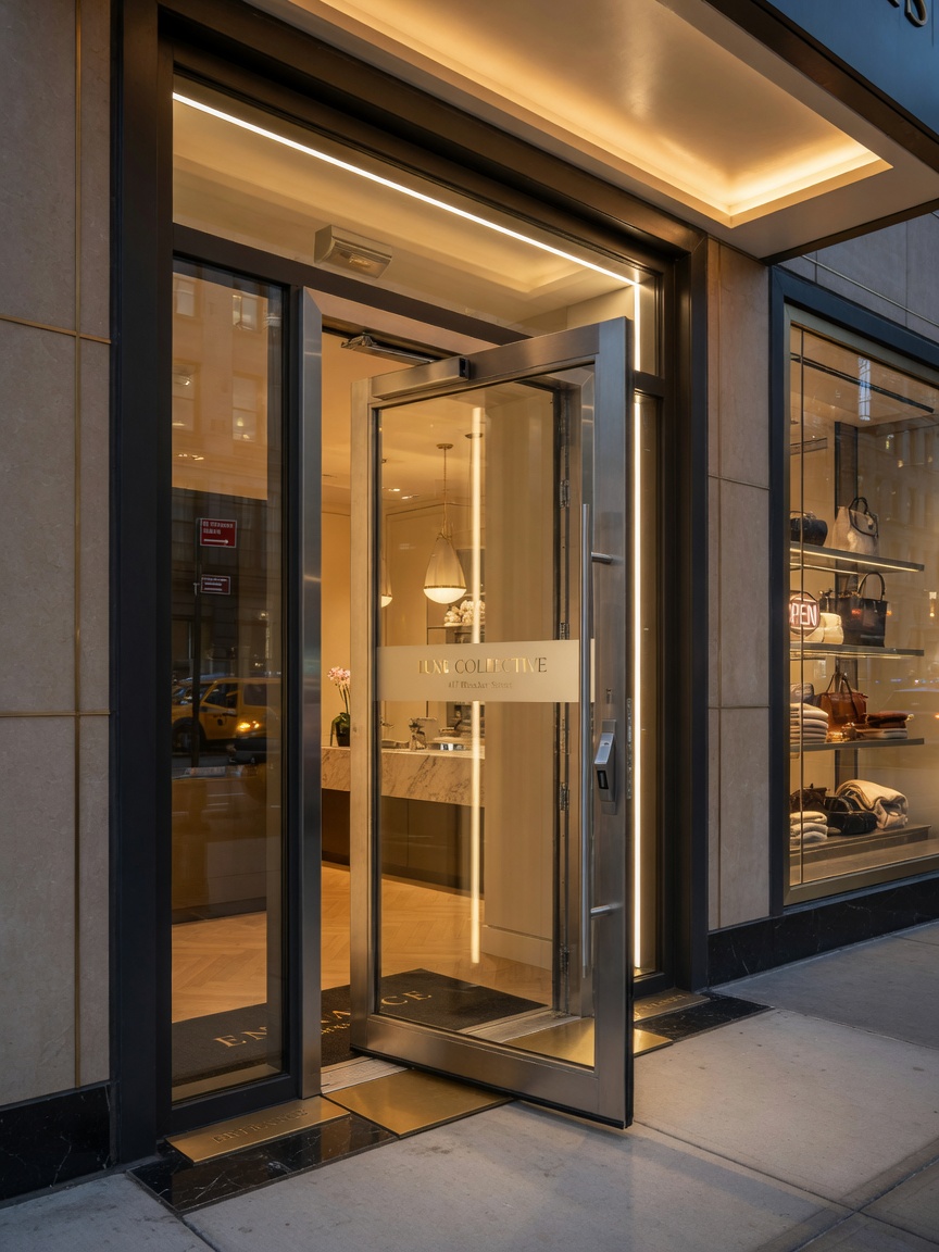 8K professional image of a complete commercial door system including frame, door, hardware, and seals perfectly installed in a high-end NYC retail environment, warm inviting atmosphere