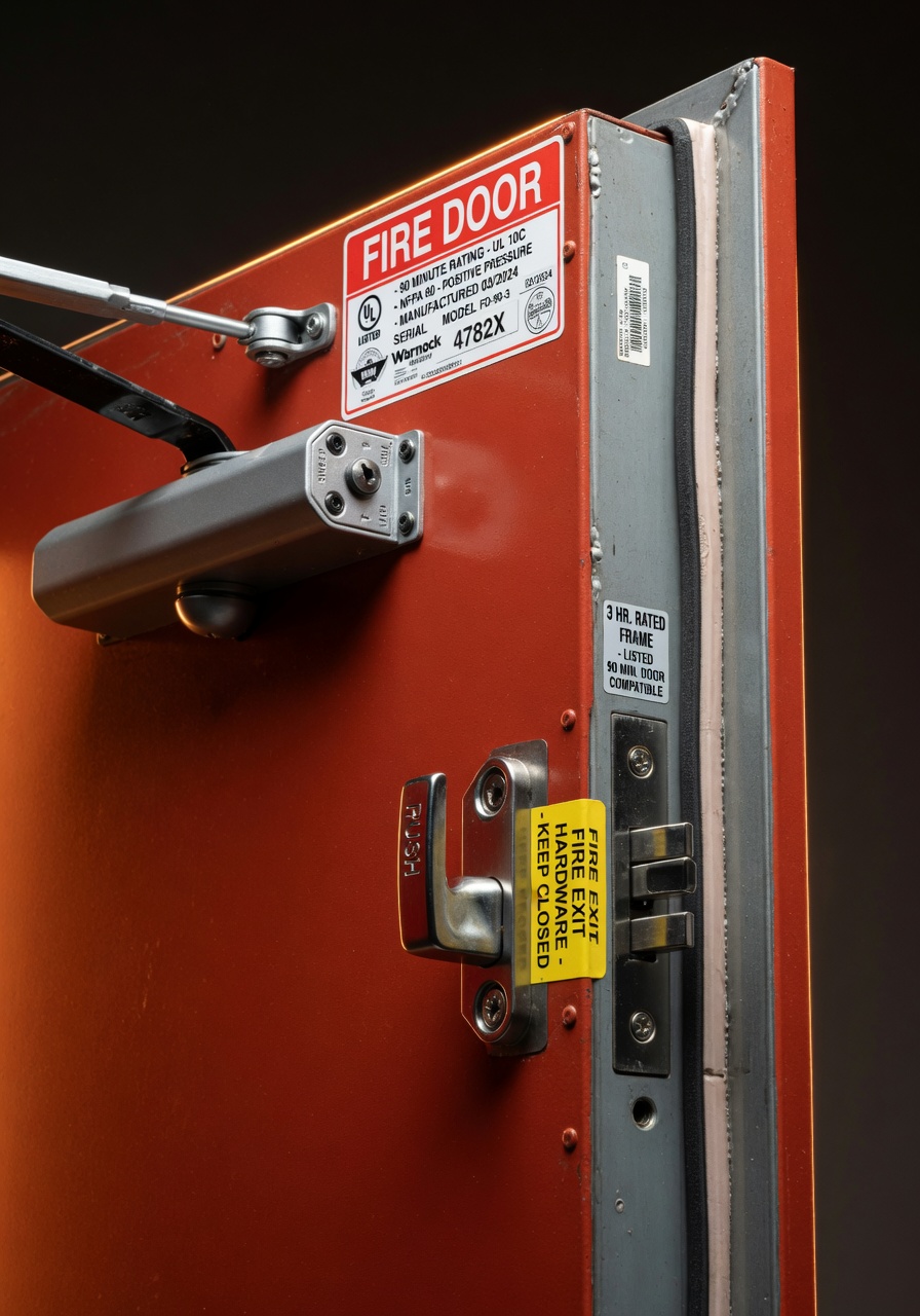 Close-up ultra-realistic 8K image of a commercial self-closing fire door with hydraulic door closer, proper fire-rated labels, intumescent seals, and positive latching hardware, detailed textures, professional product photography