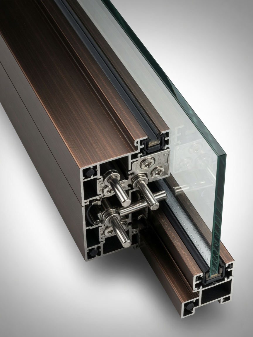 Extreme close-up detail of ultra-slim 1.75 inch aluminum storefront profile with concealed multi-point locking system, brushed dark bronze finish, crystal clear low-E glass, technical product photography, sharp focus, studio lighting