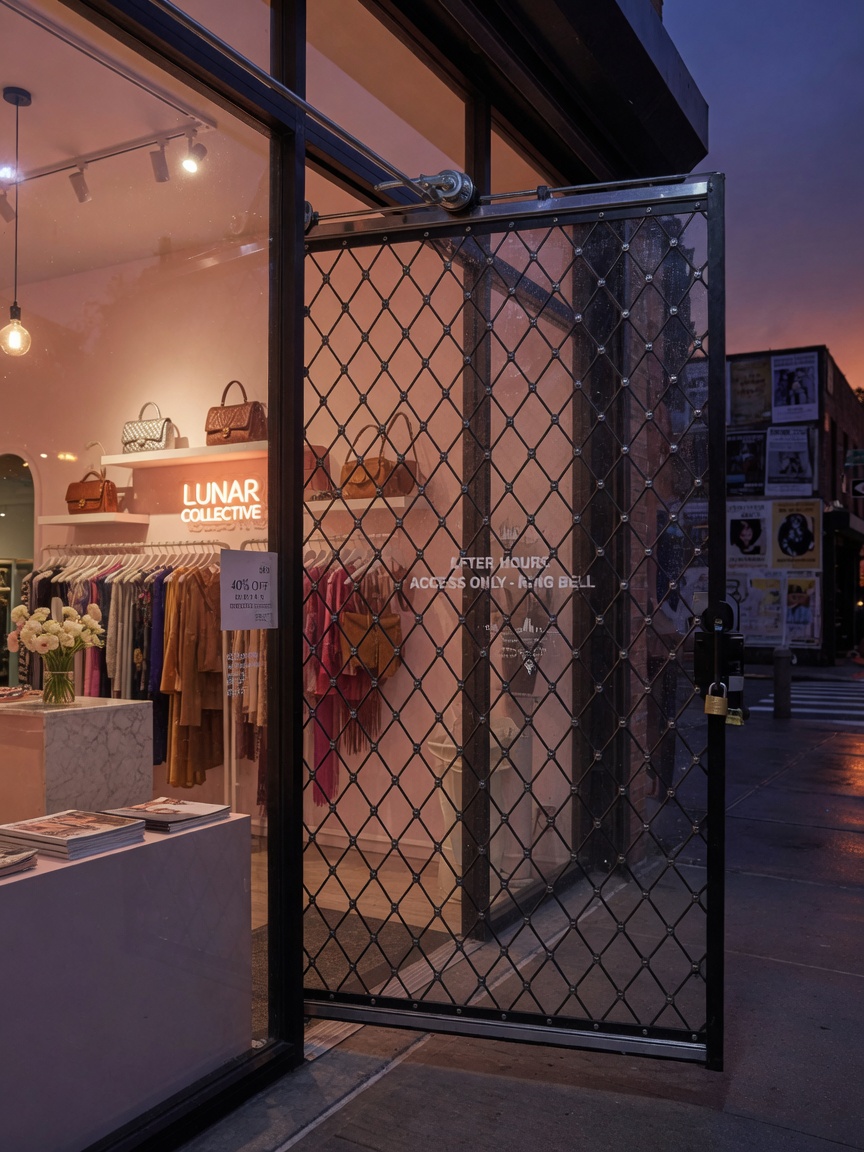 Ultra-realistic 8K image of a modern transparent open-mesh security gate on a Brooklyn boutique storefront at dusk, warm interior lighting visible through the gate, cinematic composition