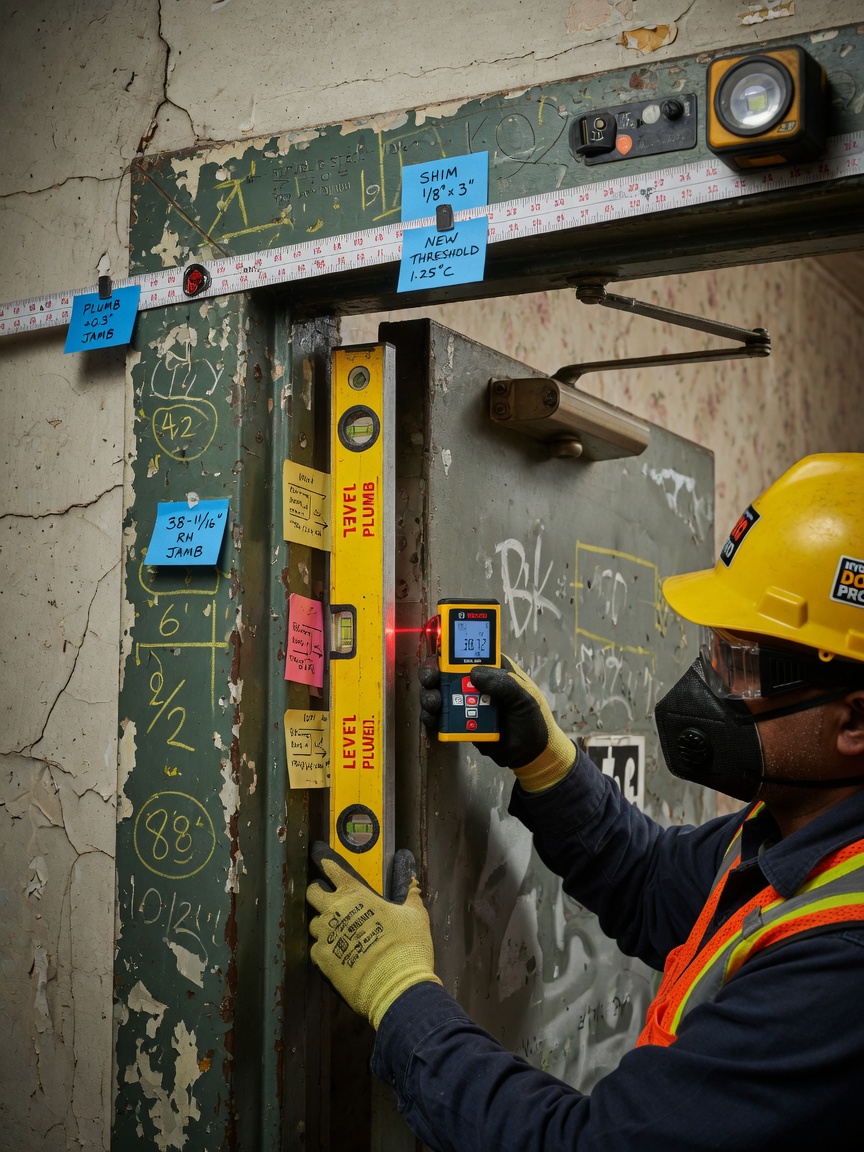 Close-up 8K image of a commercial door frame in an old Brooklyn building being precisely measured with digital tools and traditional levels by a professional installer wearing safety gear, detailed measurement markings visible