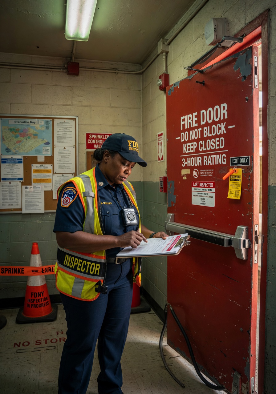 Ultra-realistic 8K photograph of an FDNY fire inspector examining a commercial fire door during an inspection, clipboard in hand, professional uniform, detailed interior building hallway setting