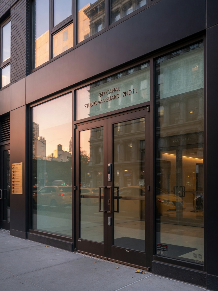 Modern fire-rated storefront entrance in a mixed-use NYC building with 60-minute ceramic glazing, subtle fire-rated labeling, elegant architectural hardware, professional architectural photography during golden hour