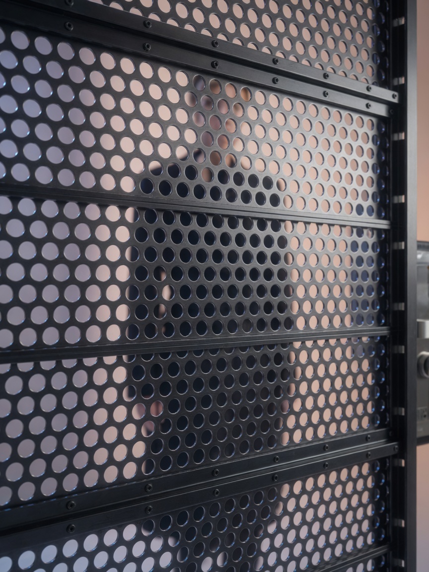 Ultra-realistic 8K close-up of 70% transparent perforated metal security gate showing precise hole pattern and structural details, technical product photography style