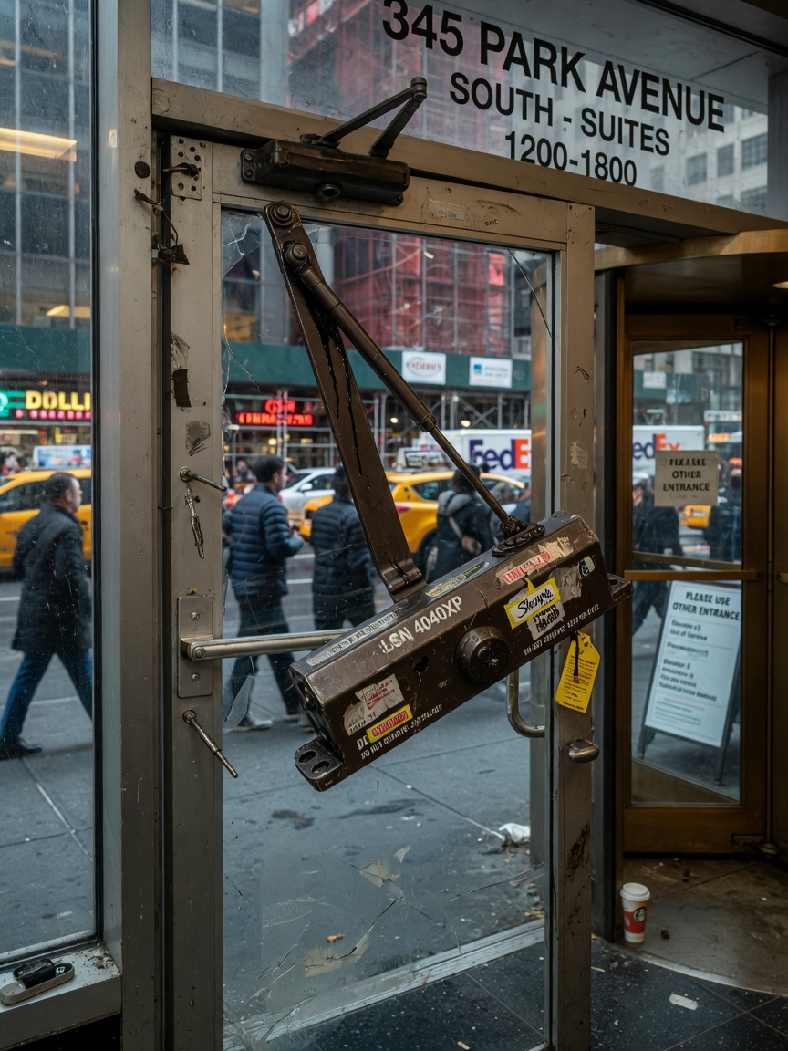 Hyper-realistic 8K photo of a failed commercial door closer on a high-traffic NYC office building entrance, broken components and misalignment clearly visible, urban environment background