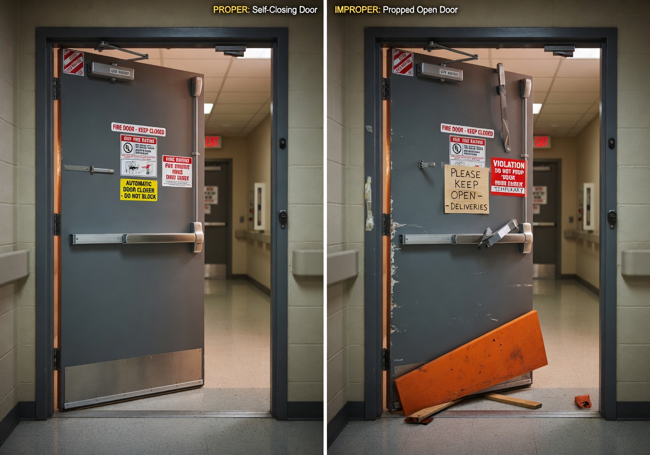 Detailed 8K image showing comparison between properly installed self-closing door and improperly propped open door with wedge, side-by-side view in commercial building corridor, educational style