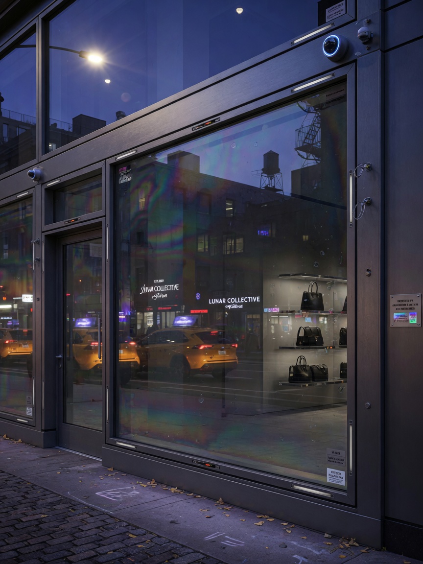 High-security glass storefront in SoHo NYC featuring invisible ballistic film application, reinforced aluminum framing, integrated security sensors, nighttime exterior shot with reflections, moody cinematic atmosphere