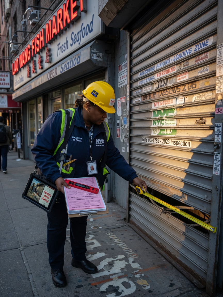 Ultra-realistic 8K photograph of NYC Department of Buildings inspector examining a storefront gate during compliance check, professional setting with clipboard and measuring tools